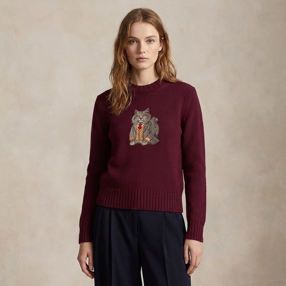Amati Longhair Cat Embroidered Cotton Knit Sweater - Burgundy Sz L - Picture 10 of 11